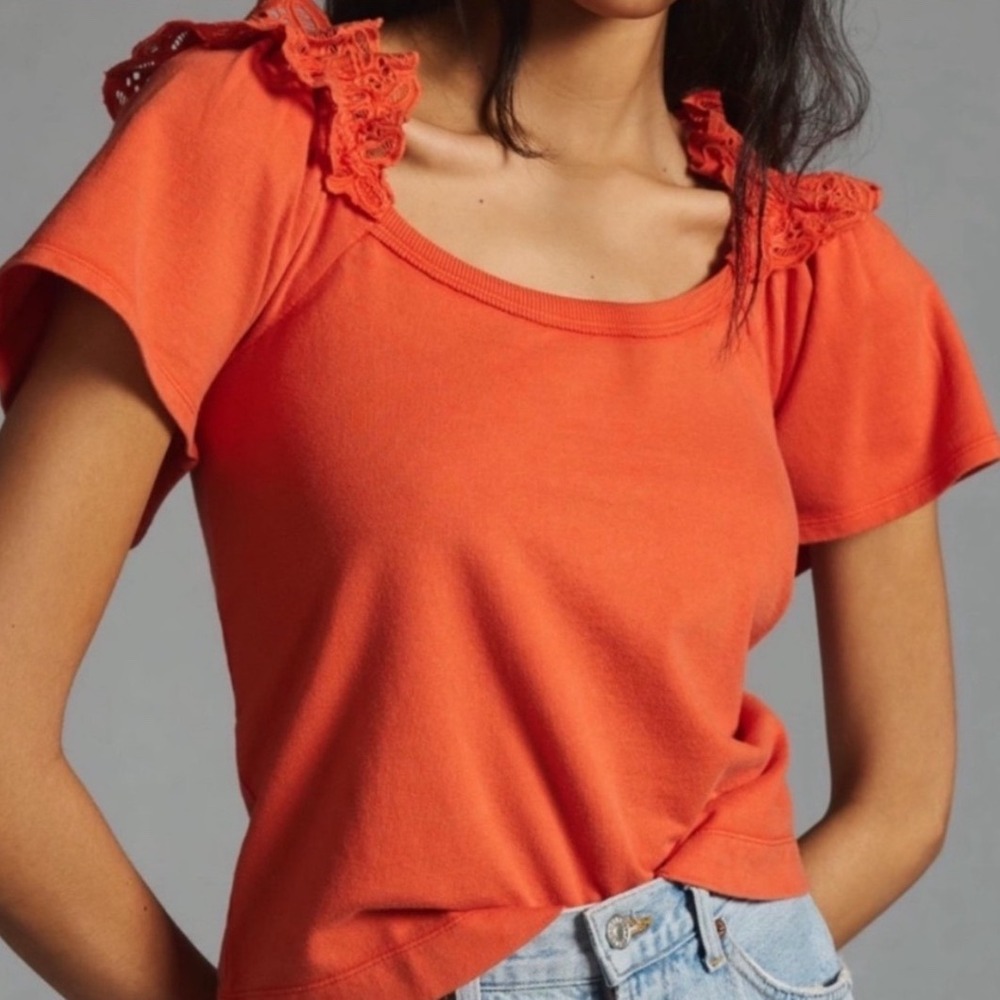Anthropologie Pilcro Eyelet Ruffle Scoop Neck Top Cotton‎ Knit Size Medium